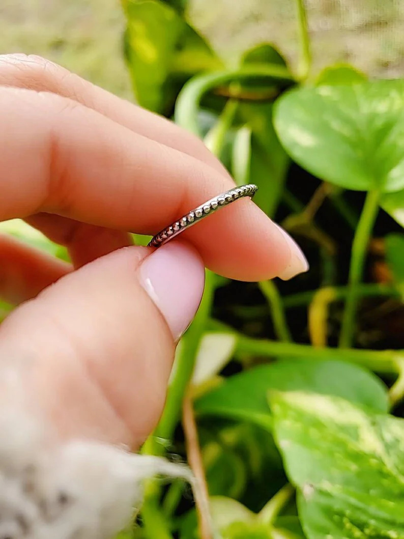 Sterling Silver Bali Beaded Thin Band Ring