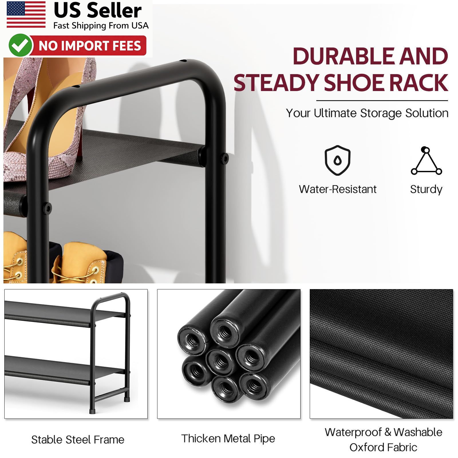 SLEEPING LAMB 2-Tier Long Shoe Organizer Stackable 18-Pairs Rack Black FROM USA