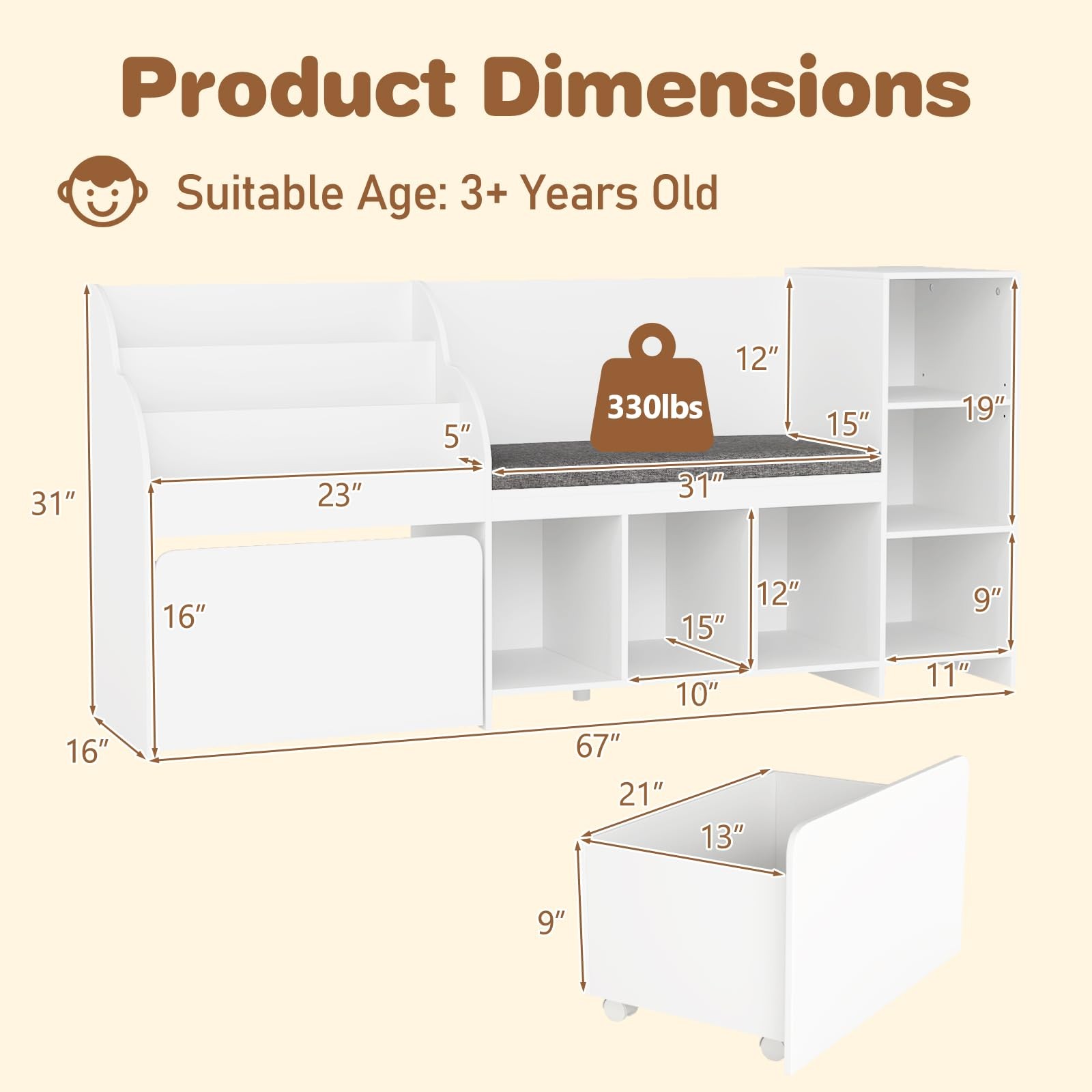 Bookshelf Storage Organizer with Reading Nook Seat Cushion, Drawer on Wheels ...