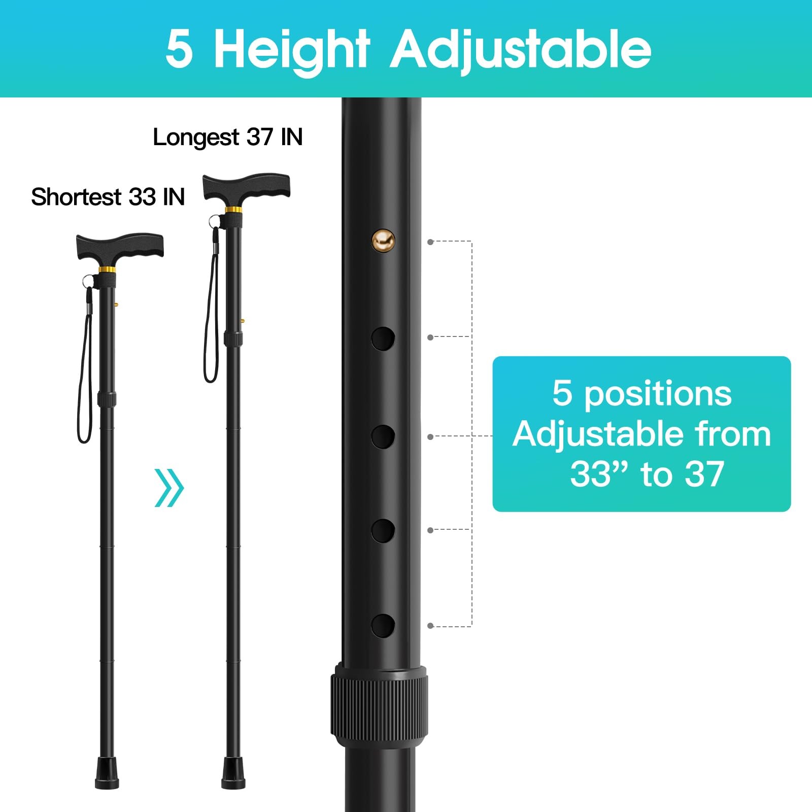 Folding Cane, Walking Height adjustment according to your requirements, Black