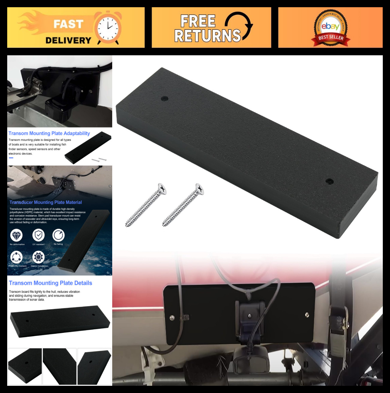 Marine Transducer Mounting Plate & Transom Saver Block for Fish Finder - 12"x3.5