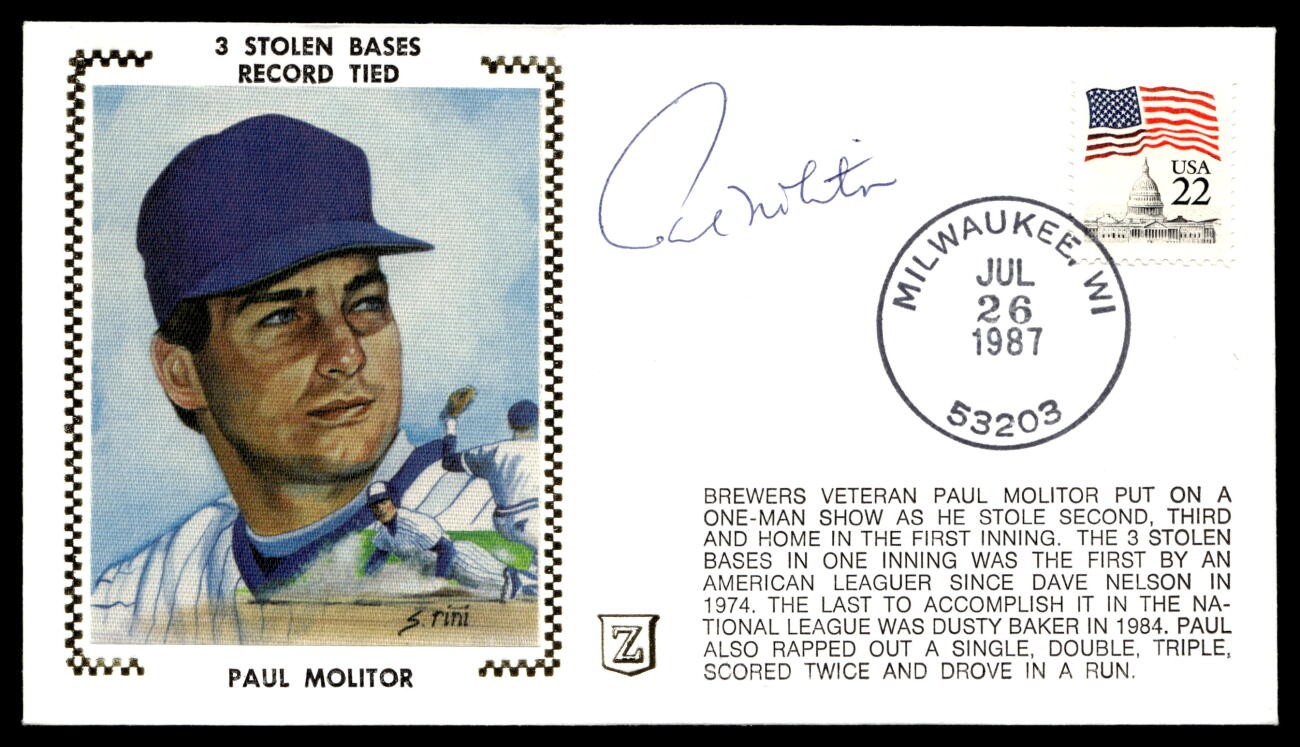 Paul Molitor Signed Auto FDC First Day Cover Cache JSA 3 Stolen Bases  ID:470068