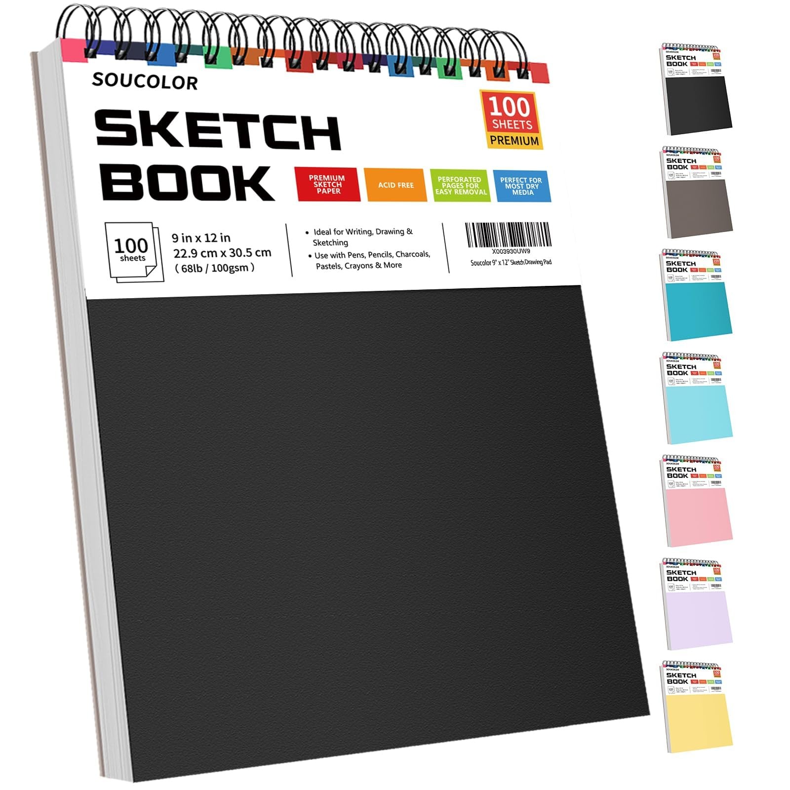 Soucolor 9x12 Sketch Book, Acid-Free Drawing Pad, Top Spiral