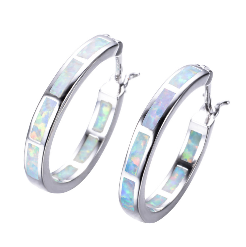 925 Sterling Silver Blue White Opal Hoop Huggie Earrings 20mm Women Gift Box I80
