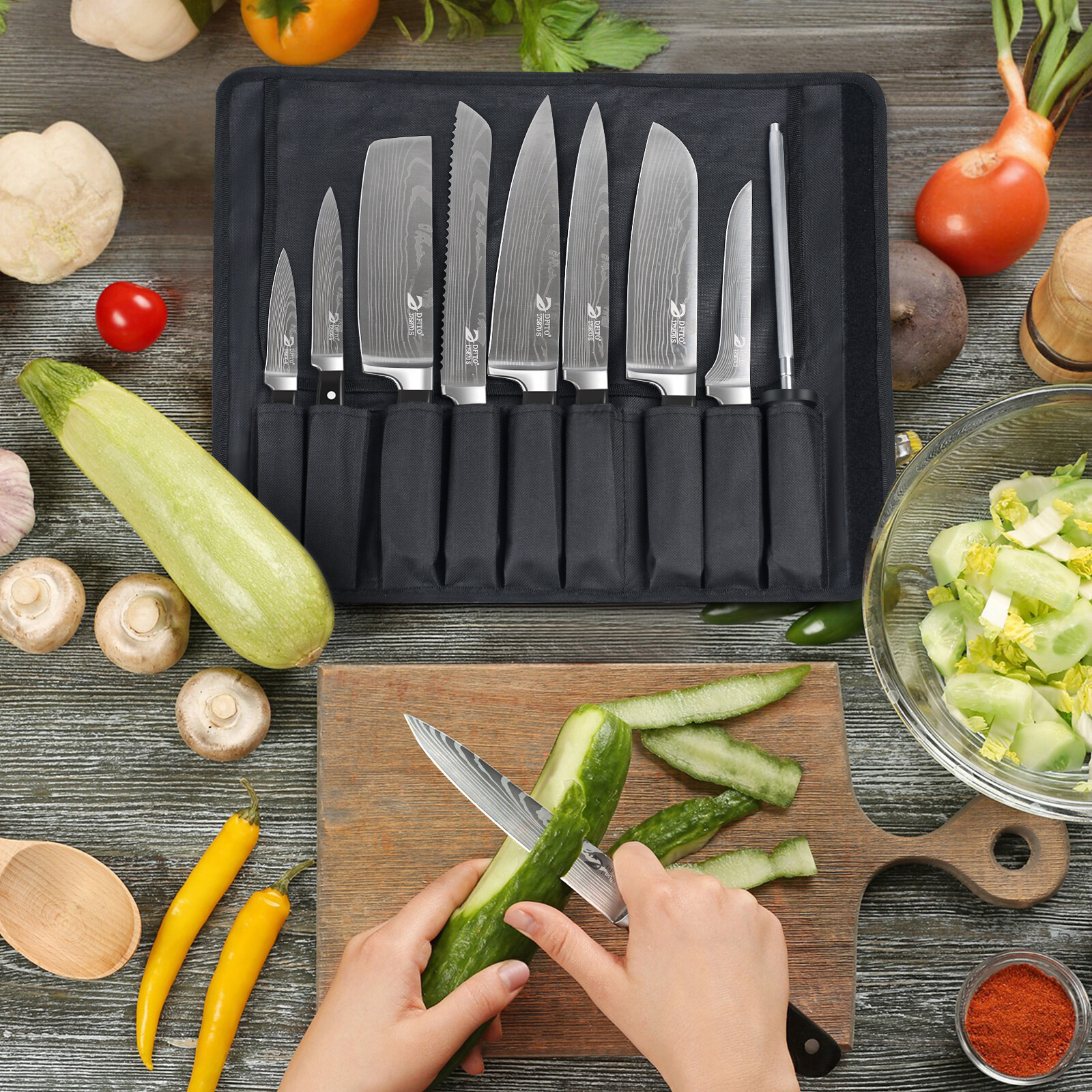 Professional Chef Knife Set 8PCS Kitchen Knife Set with Bag with Knife Sharpener