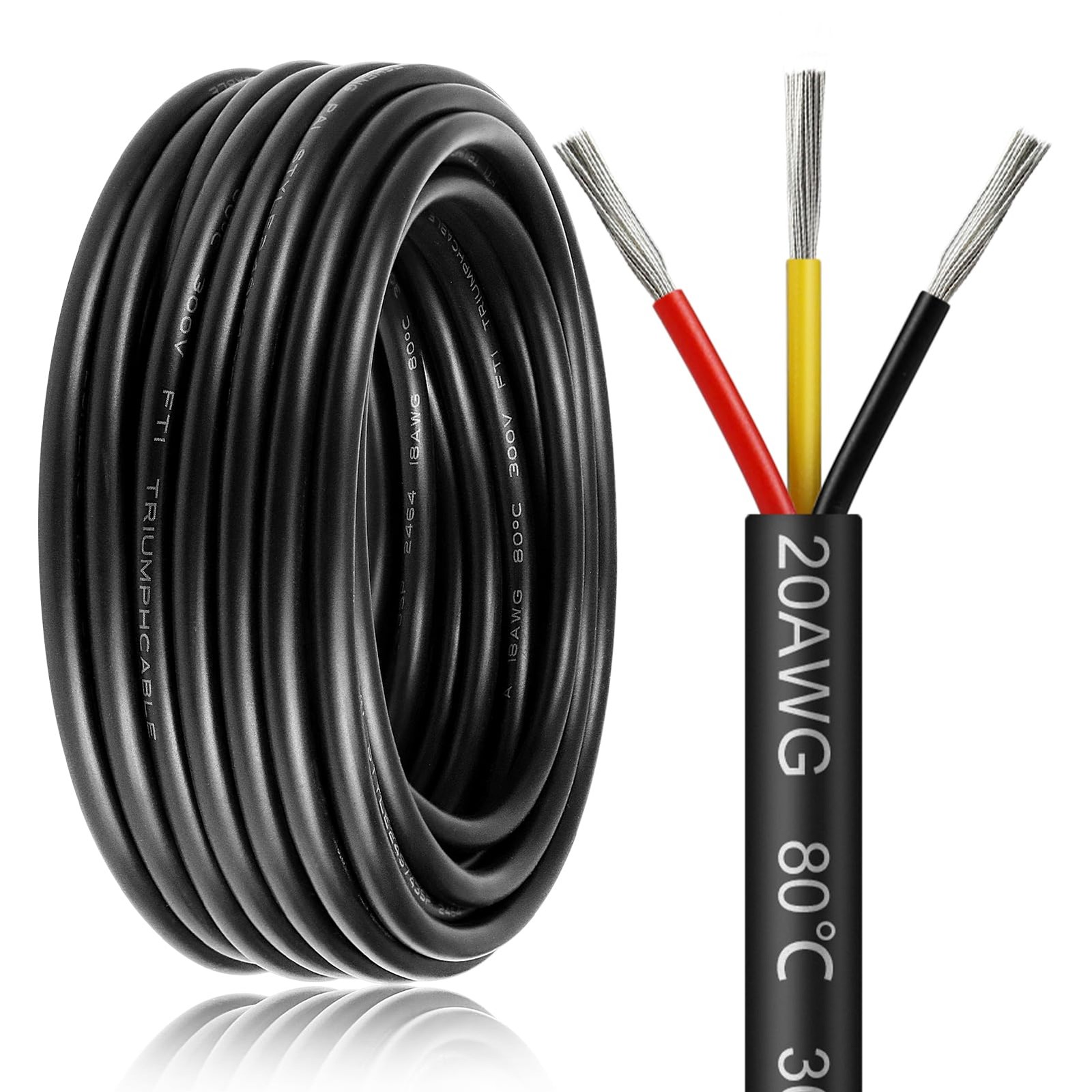 65.6FT 20 Gauge Wire 3 Conductor, 20AWG Electrical Wire, 20/3 65.6FT, Black