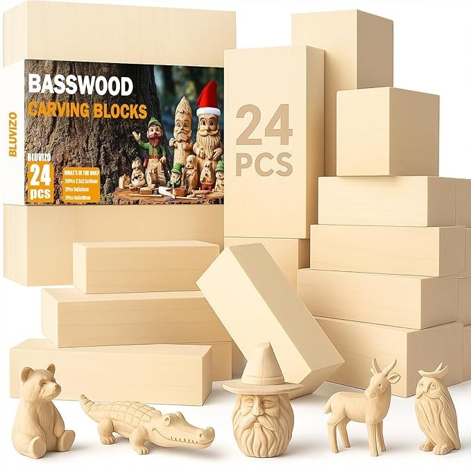Basswood Carving Blocks 24PCS: Whittling Wood Blocks Wood Carving Kit with 3 ...