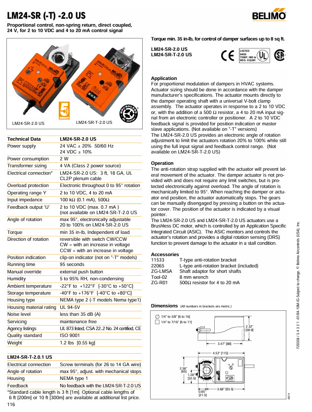 Belimo LM24-SR-2.0 US Actuator Damper - modulated (tested and working)