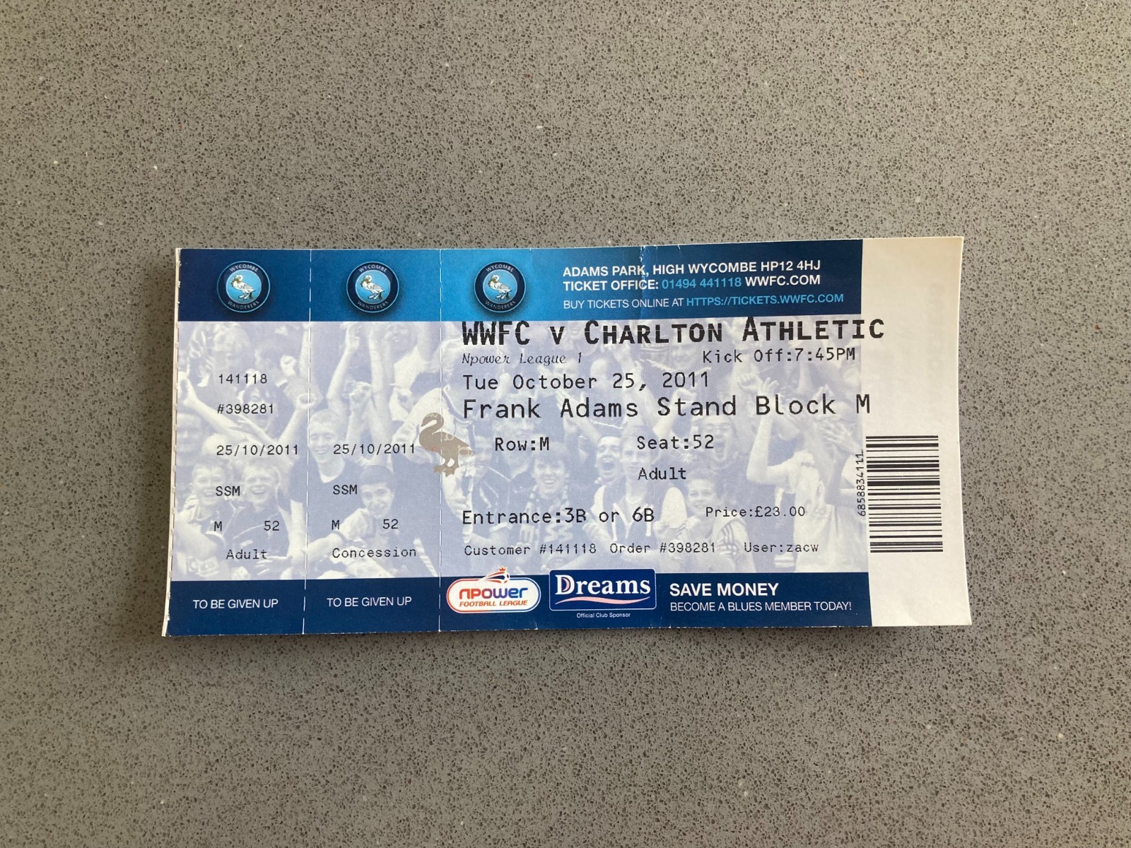 Wycombe Wanderers v Charlton Athletic 2011-12 Match Ticket