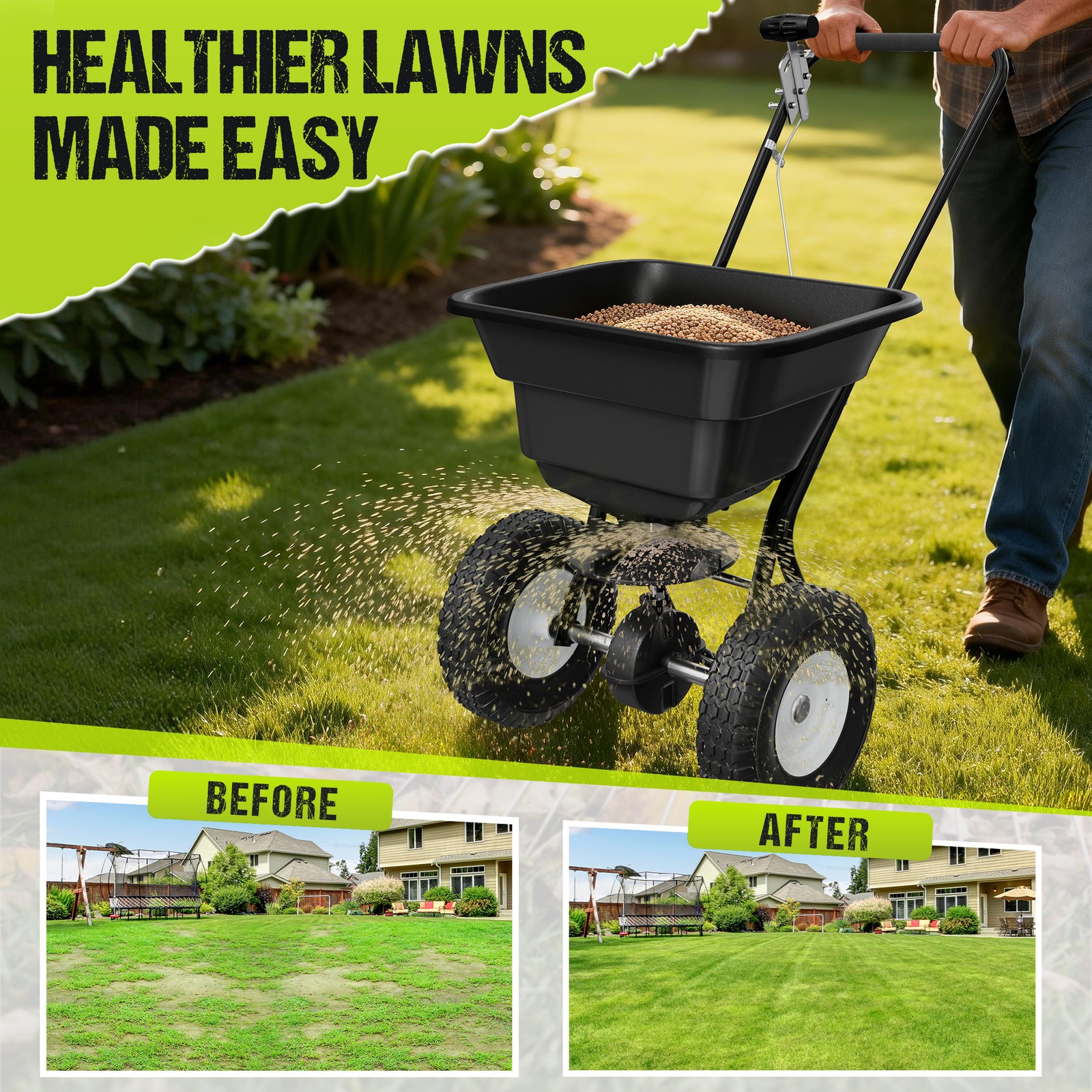 80LB Broadcast Spreader Push Lawn Seeder Fertilizer Ice Melt Spreader Adjustable