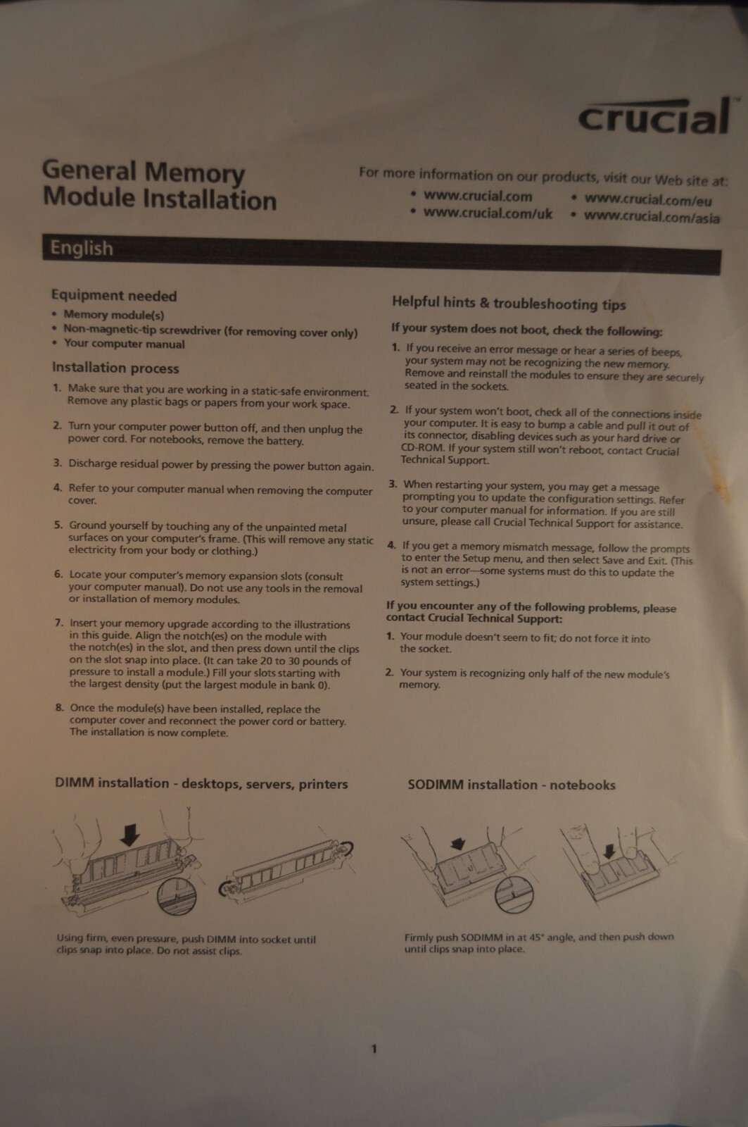 CRUCIAL "GENERAL MEMORY MODULE INSTALLATION" MICRON computer  INSTRUCTIONS  2007