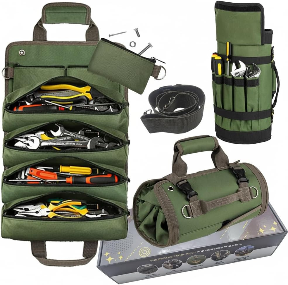 Upgraded Heavy Duty Tool Roll up Bag Organizer with 6 Zipper Pockets - Canvas Wr