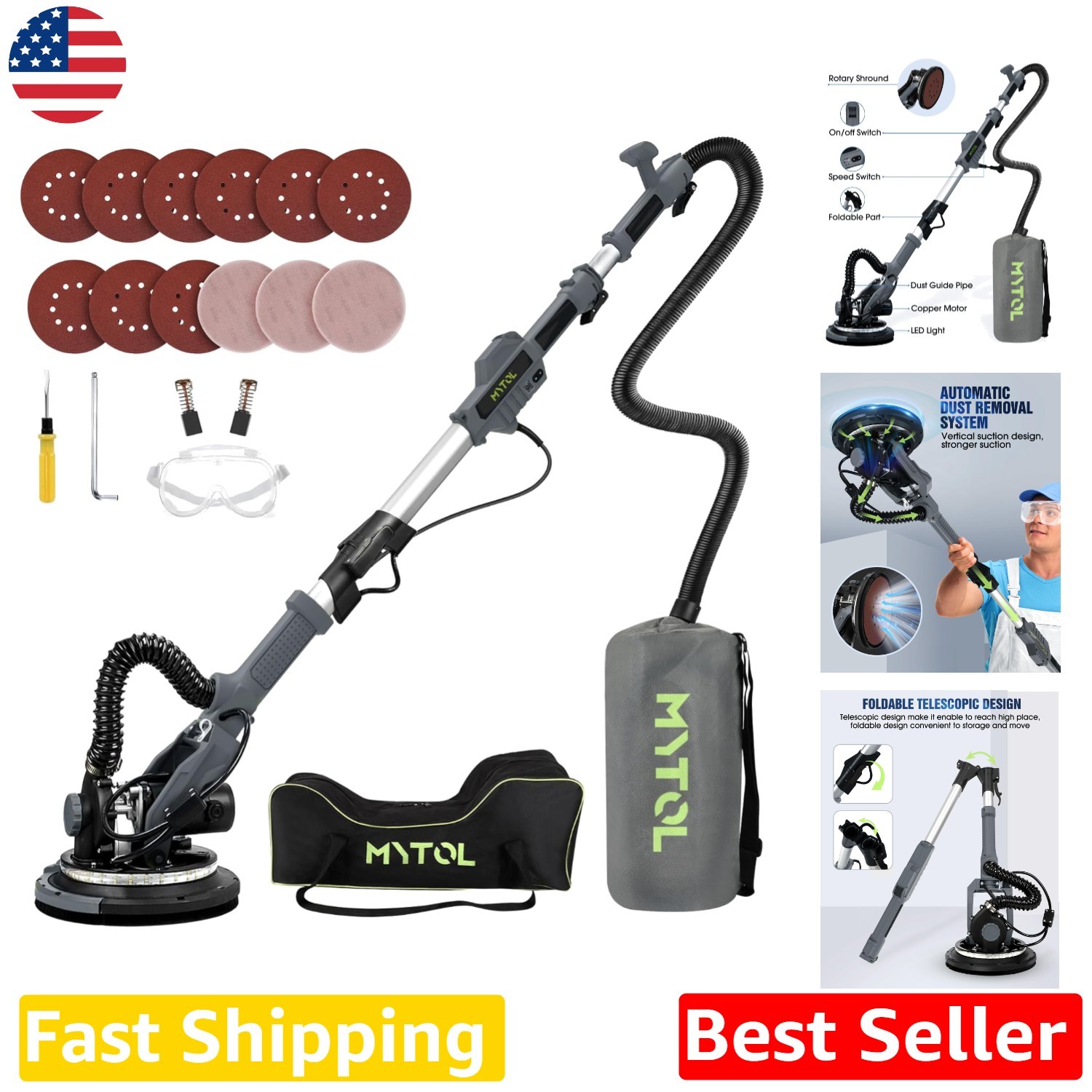 Electric Drywall Sander | 900-1800RPM | Vacuum System | Foldable | 7.2 Amp Power
