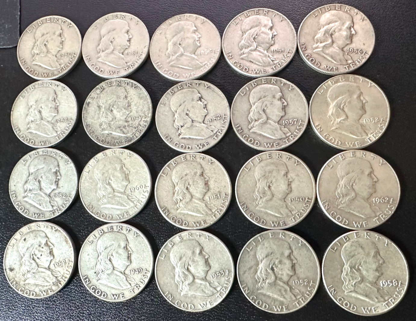 20 Coin Lot: Franklin Half 1/2 Dollar 90% Silver 1950s-60s