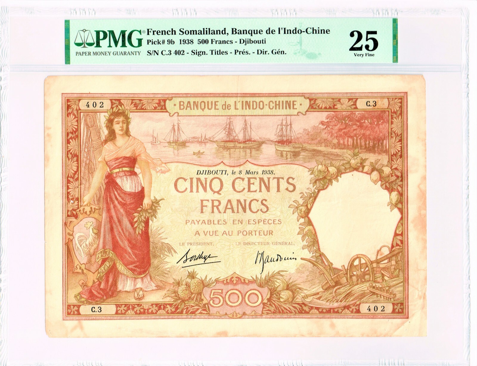 French Somaliland: Djibouti 500 Francs 8.3.1938 Pick 9b, PMG Very Fine 25.