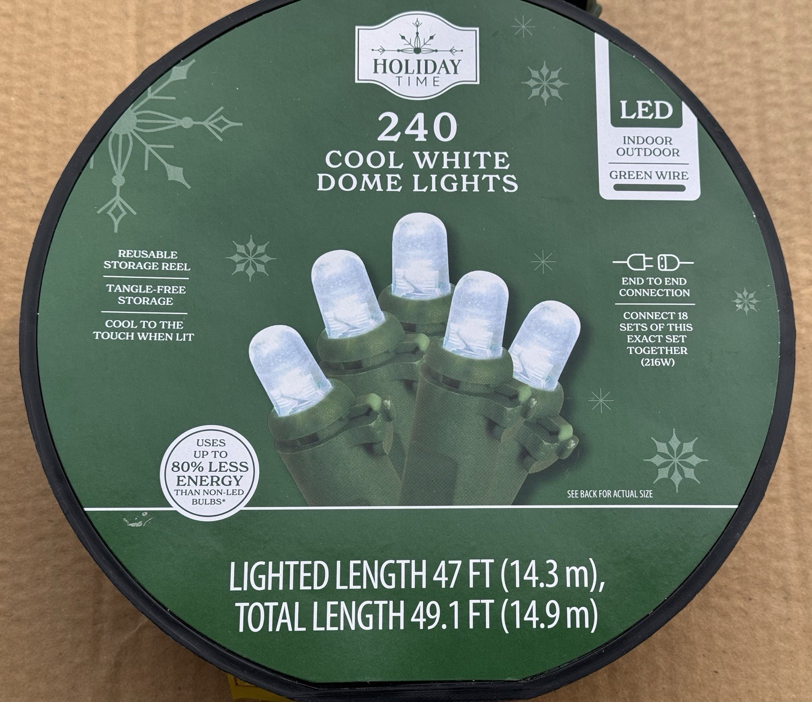 NEW!! Holiday Time 240 Cool White LED Dome Lights with GREEN Wire on Reel