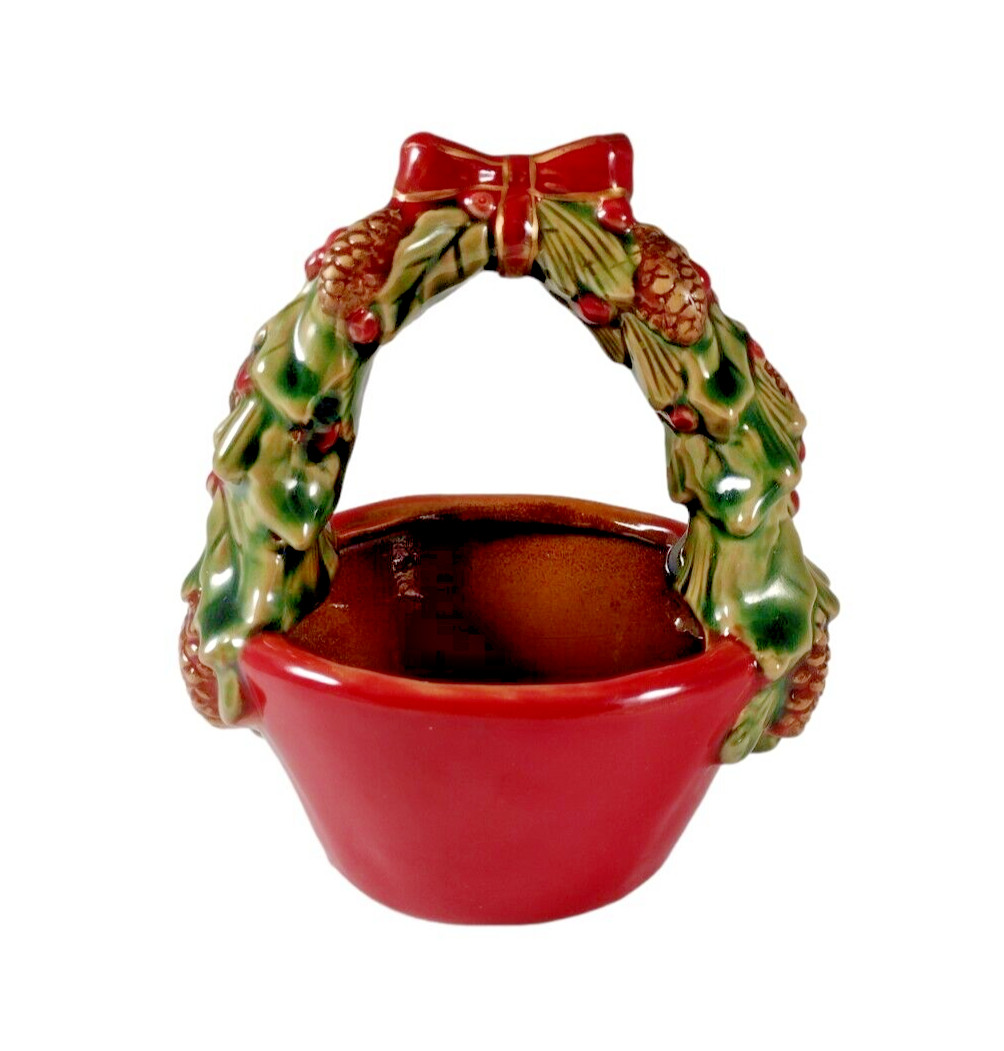 VTG Glazed Christmas Basket Pottery Trinket Candy Dish Stoneware Holiday Signed