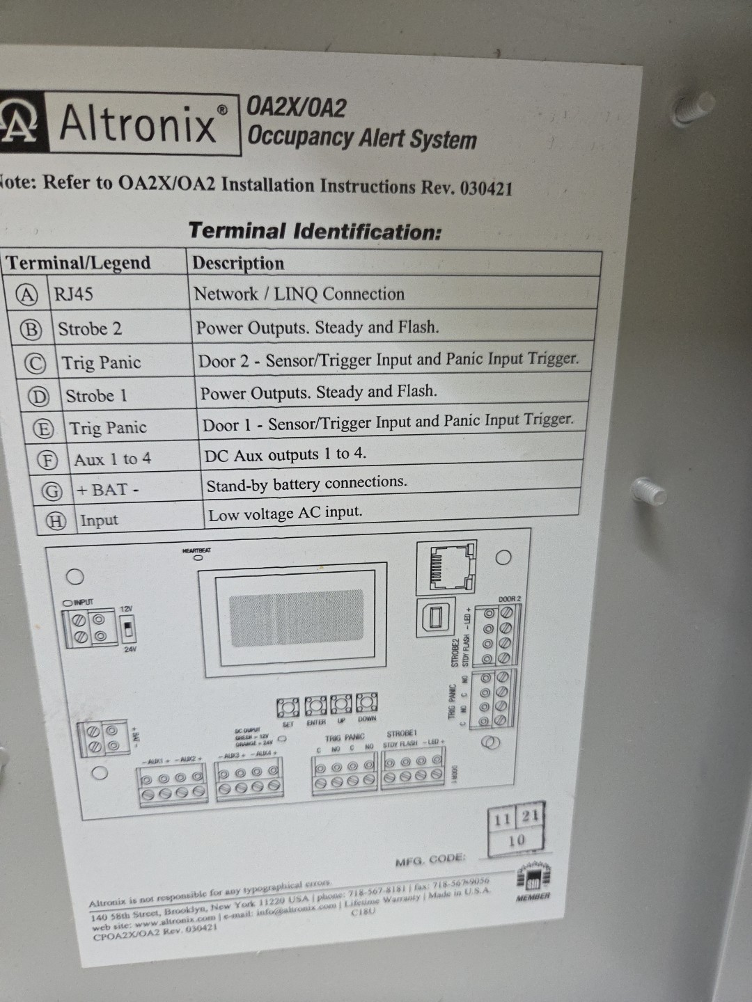 Altronix 0A2X/0A2 Occupancy Alert System, BC100 Enclosure