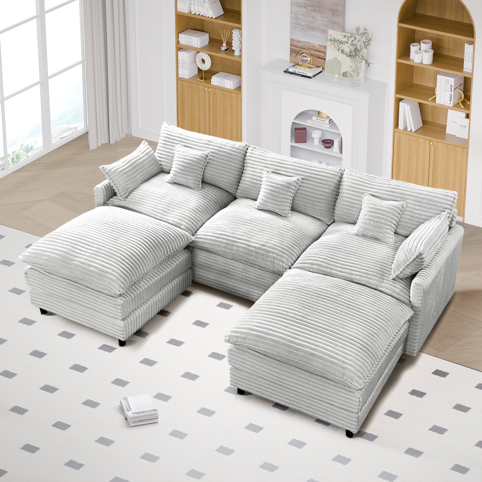 148-inch seven-piece sofa set, with a center console, coffee table and six pillo