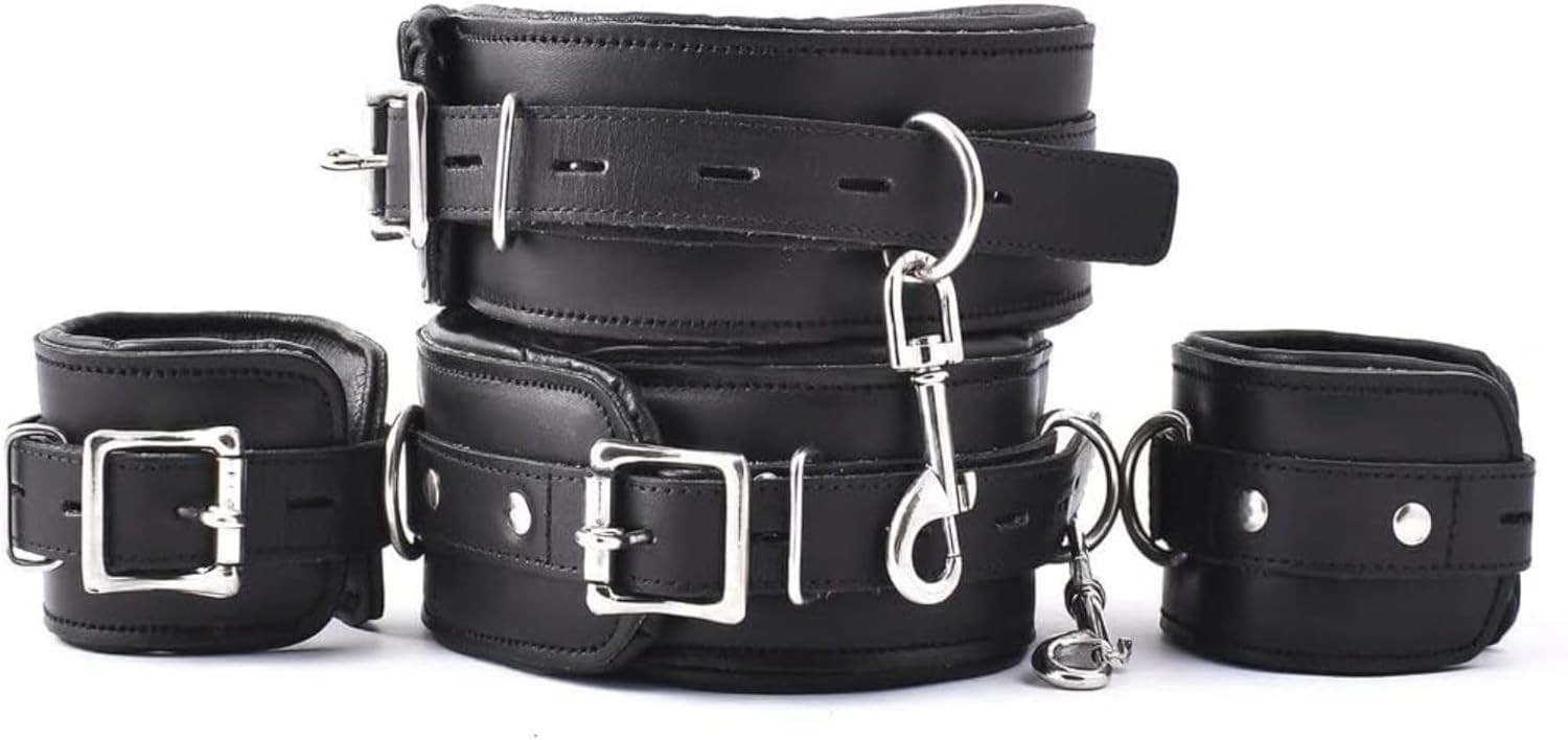 Handmade Real Leather Restraint Set with Padded Cuffs | Black Adjustable Buckle