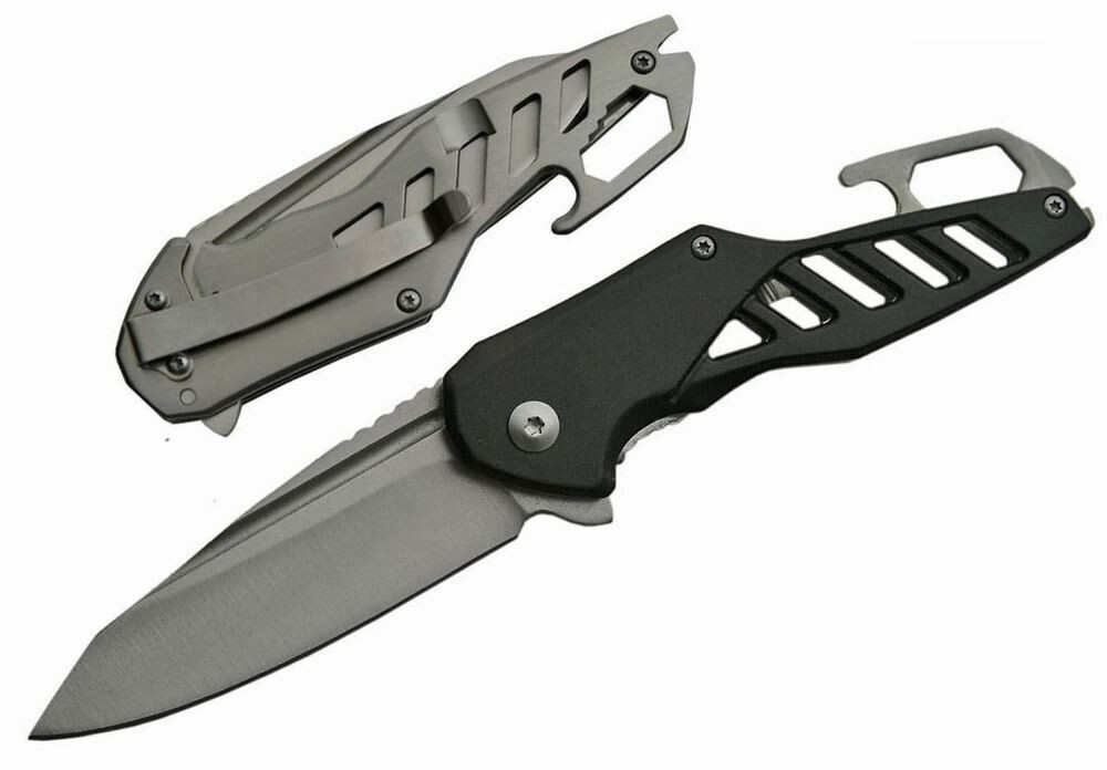SPRING ASSIST FOLDING KNIFE 3" Blade Black EDC Tactical Utility Bottle Opener