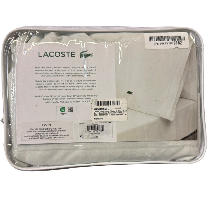 Lacoste Twin Sheet Set White 100% Cotton Percale Bedding Set New