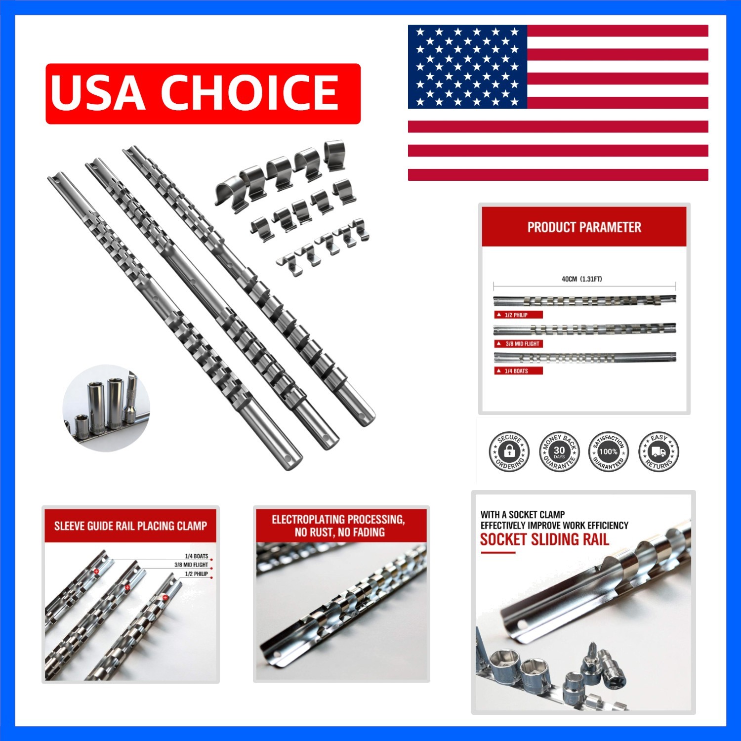 Socket Organizer Set, 3-Piece Metal Socket Holders/Socket Sliding Rail, 1/4-I...