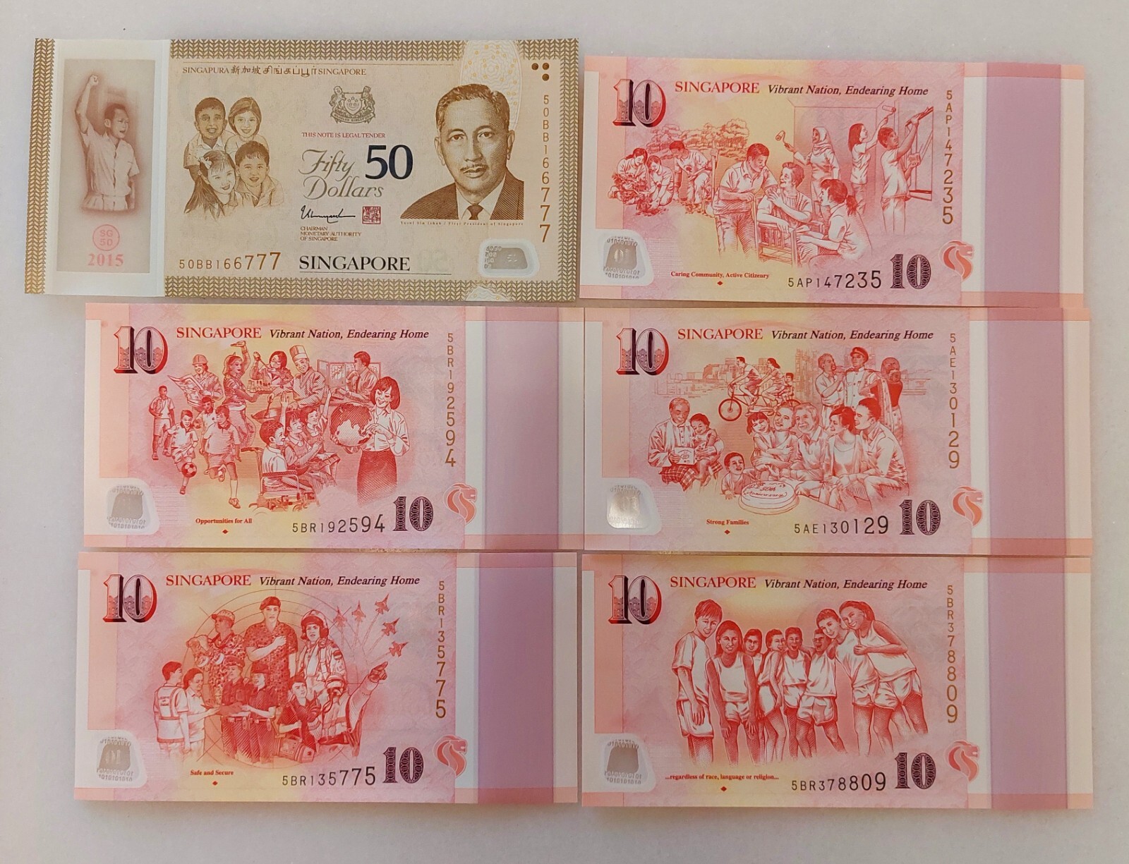 Singapore 2015 Commemorating 50 years of independence $50+five $10 banknotes set