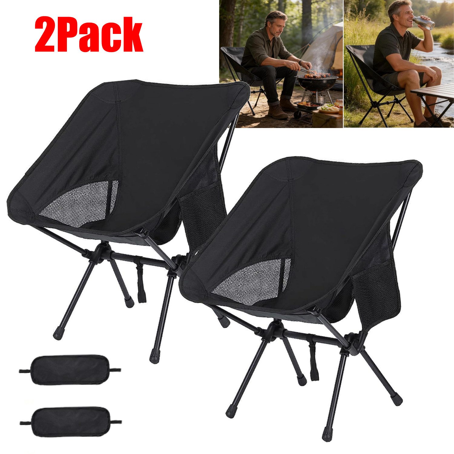 2-Pack Collapsible Camp Chairs w/Carrying Bag Outdoor Chair Camping Hiking