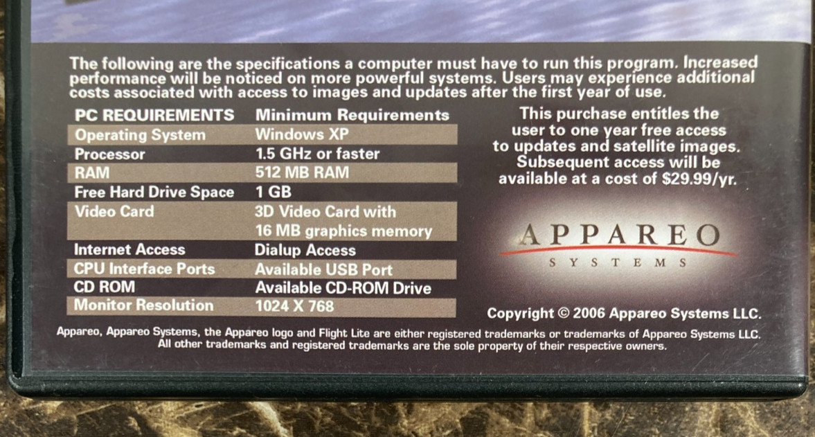Appareo Systems Flight Lite GPS Software Windows XP CD-Rom 2006 w/ Product Key