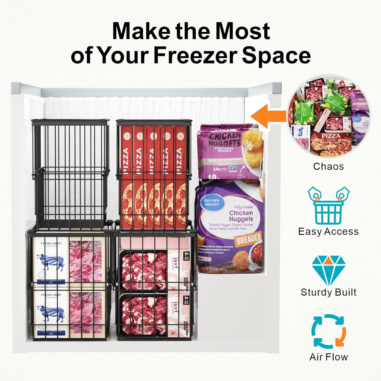 Deep Freezer Organizer Bins - Height-Adjustable Fit 12" Pizza, 2Pcs | Extra Larg