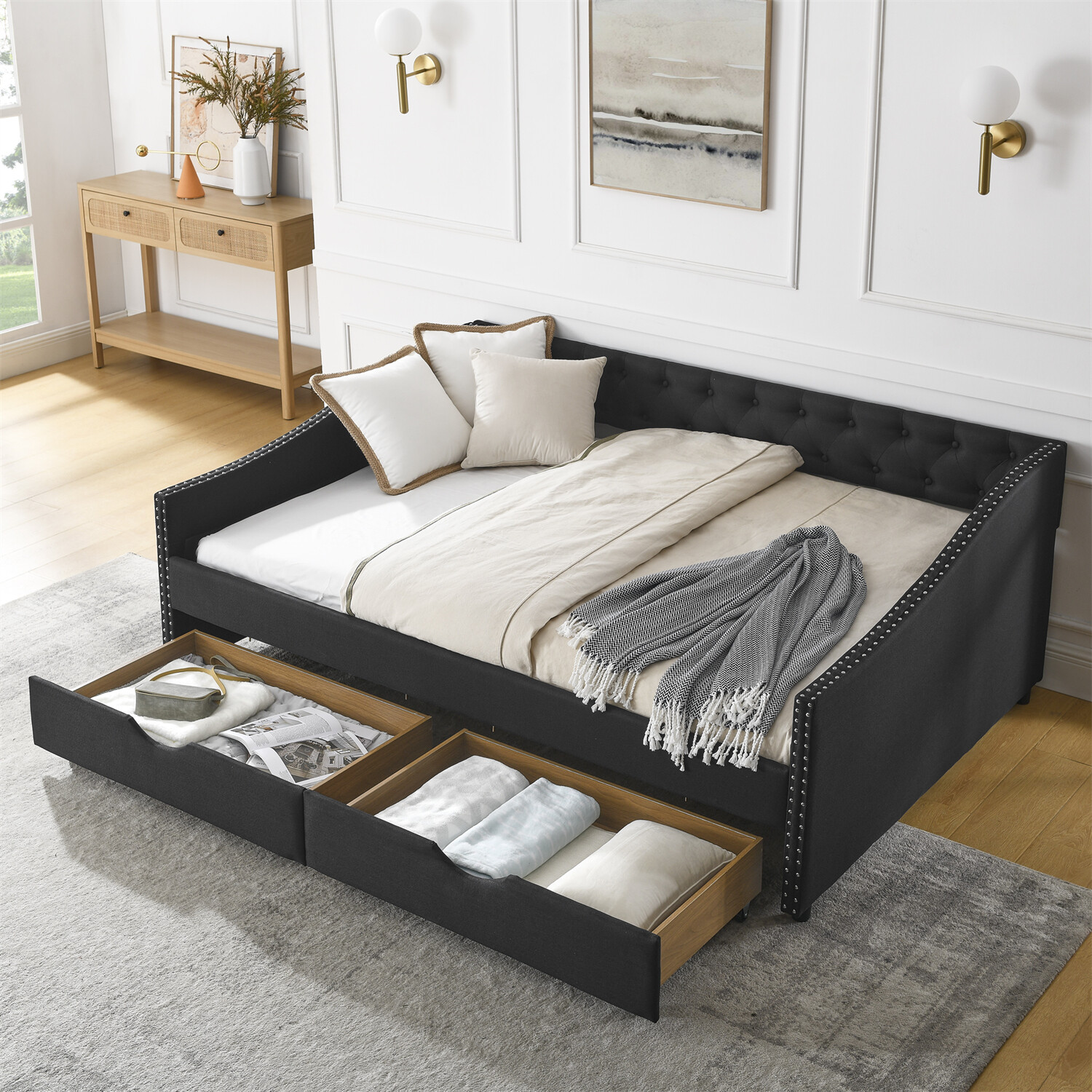 Full Size Daybed Upholstered Bed Frame Sofa Bed w/ 2 Storage Drawer US