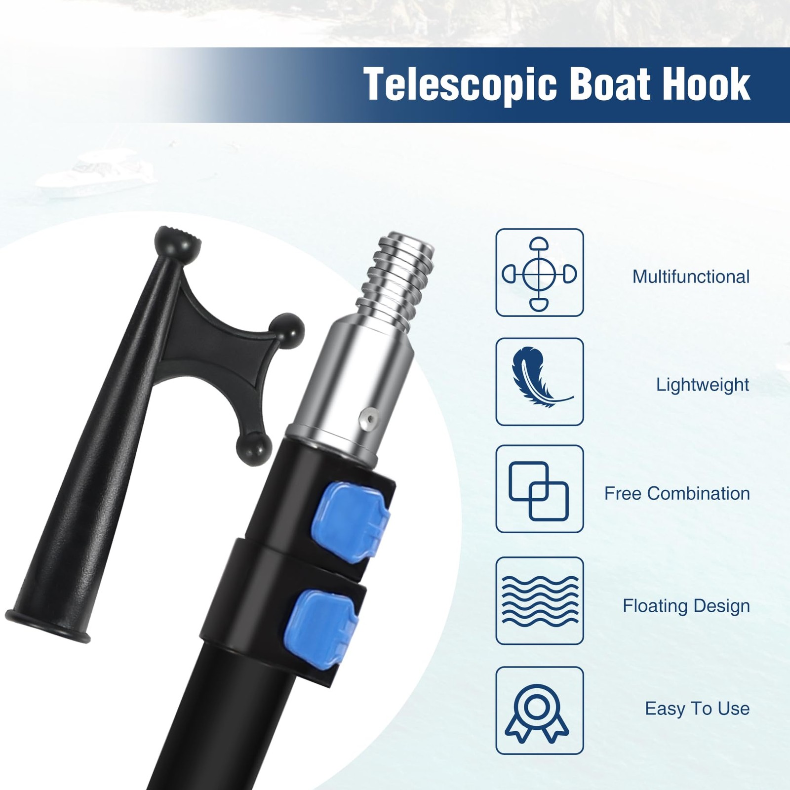 Lineslife Boat Hook: 4-8ft Telescoping Pole, Floating, Sturdy, Rust-Resistant