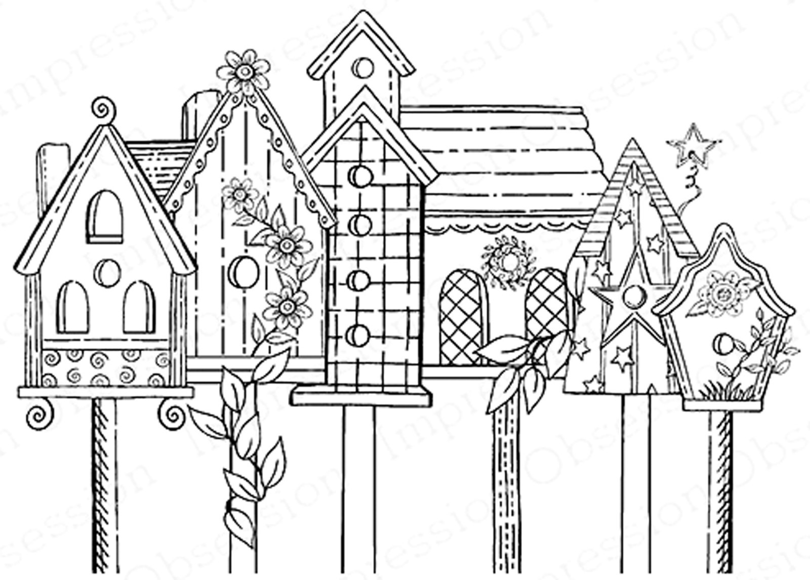 BIRDHOUSE ROW Scene Wood Mounted Rubber Stamp IMPRESSION OBSESSION E16353 New