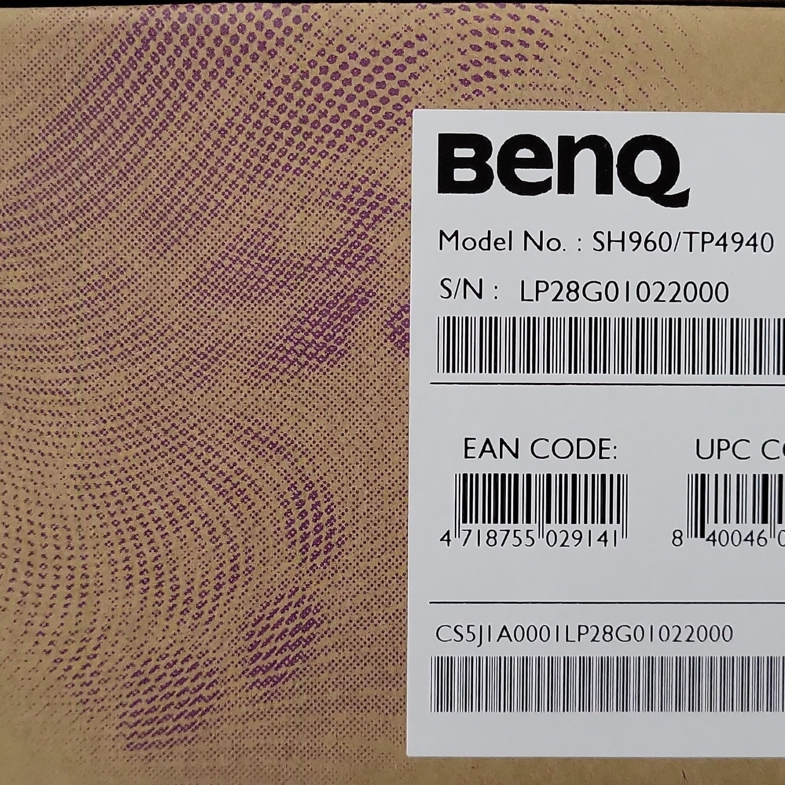 BenQ SH960/TP4940 Home Theater Projector, Model SH960/TP4940, MPN SH960/TP4940