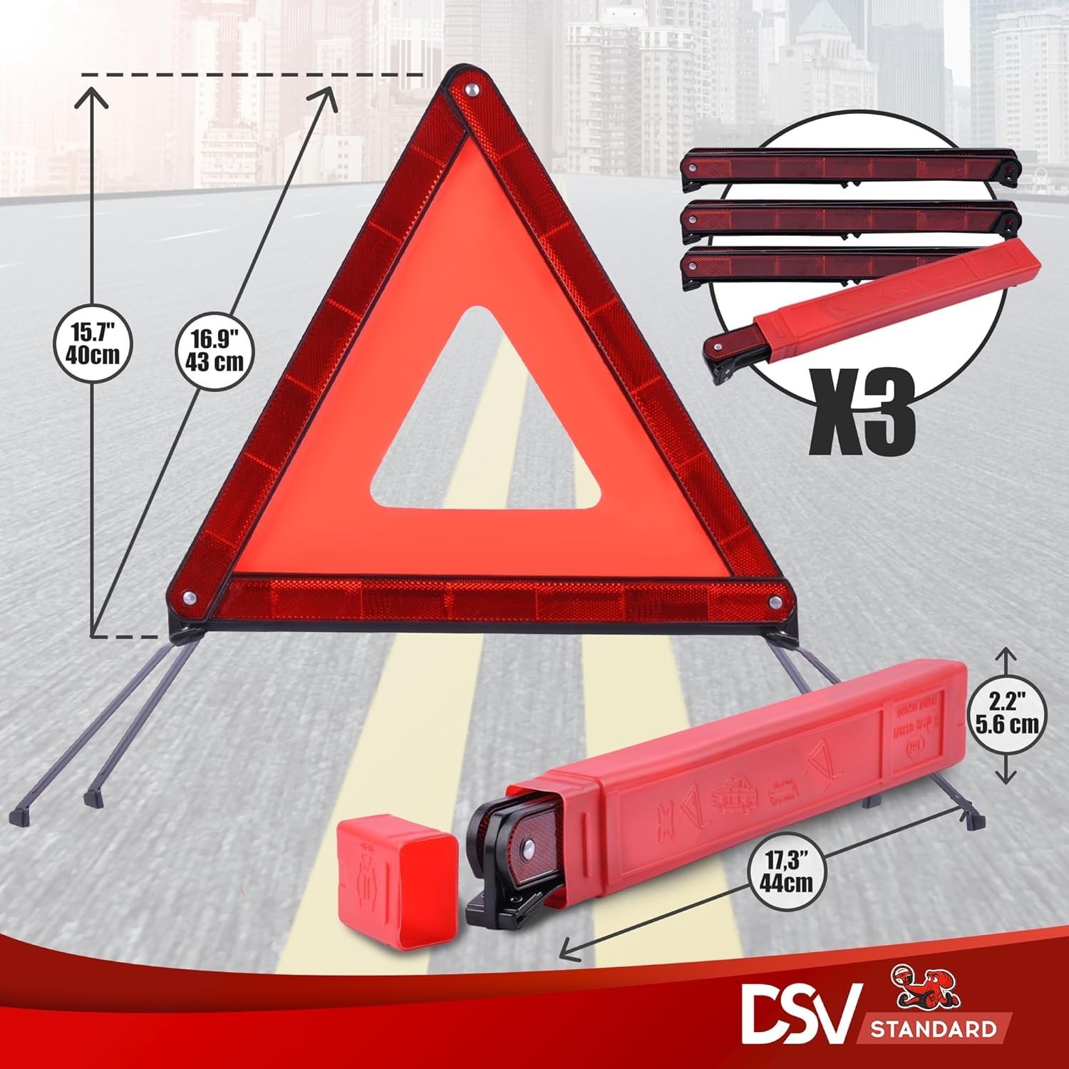 Compact Reflective Emergency Vehicle Warning Triangles (3-Pack)