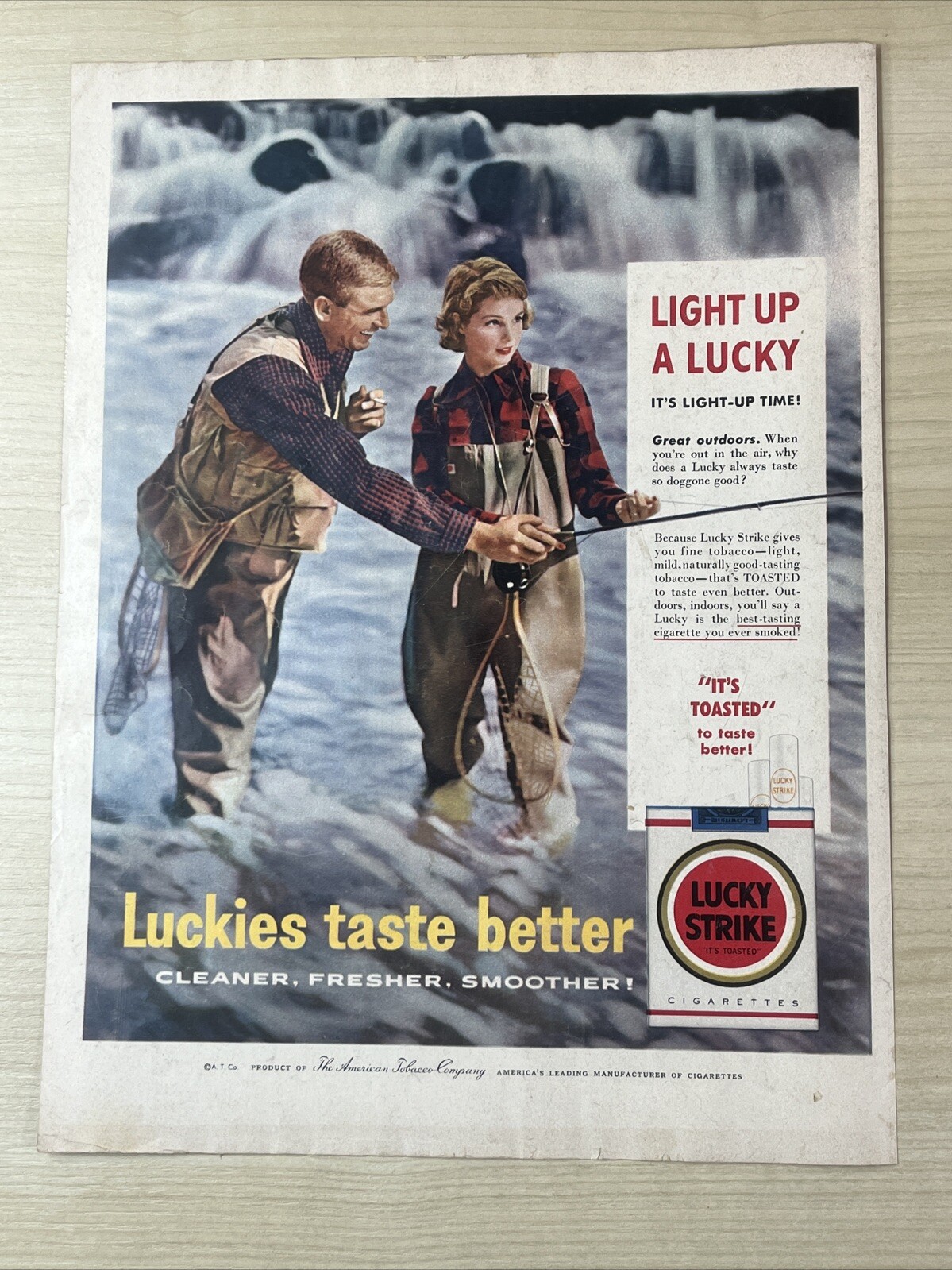 Lucky Strike Cigarettes Fly Fishing 1956 Vintage Print Ad Collier's Magazine