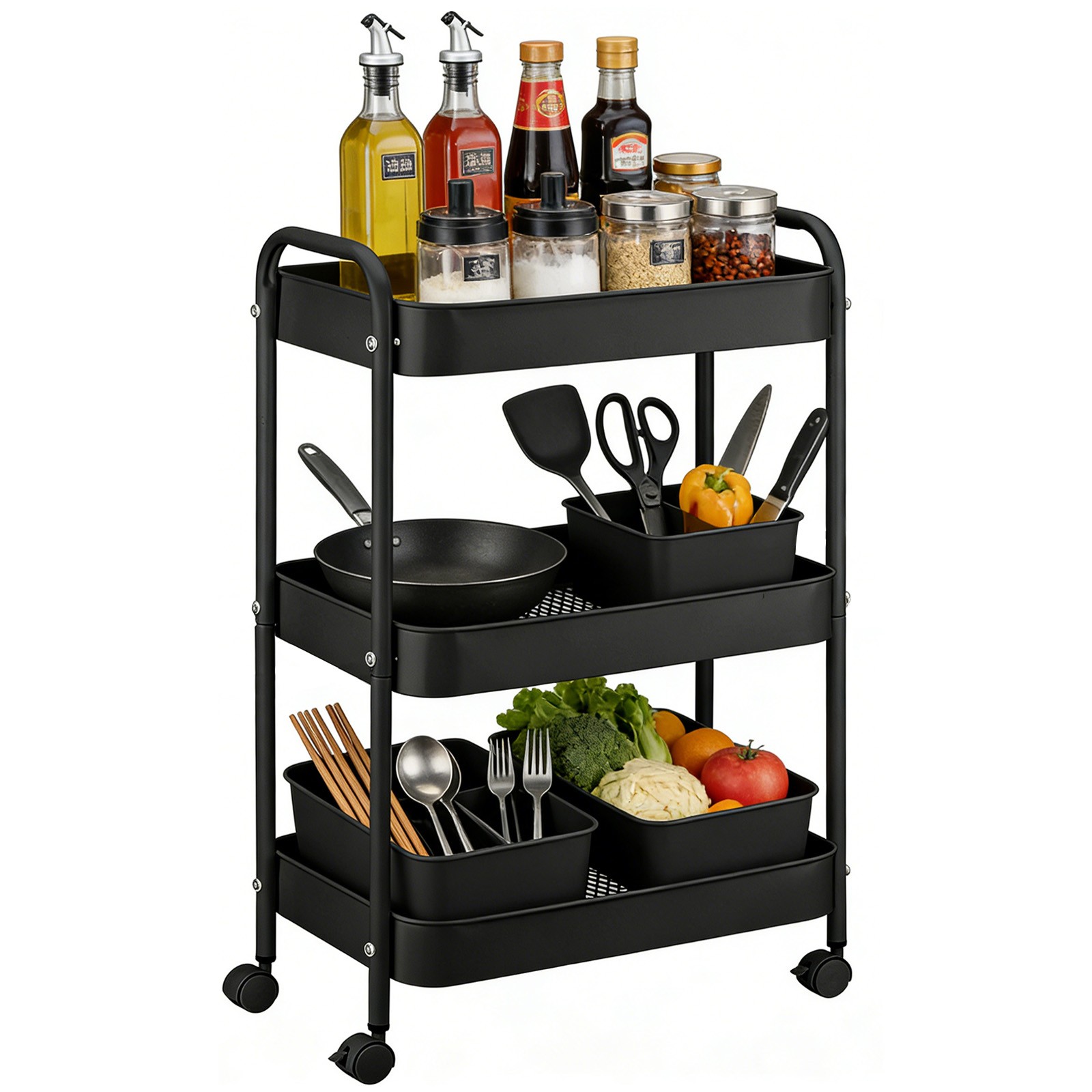 3-Tier Metal Rolling Utility Cart Lightweight Storage Organizer Trolley w/ hooks