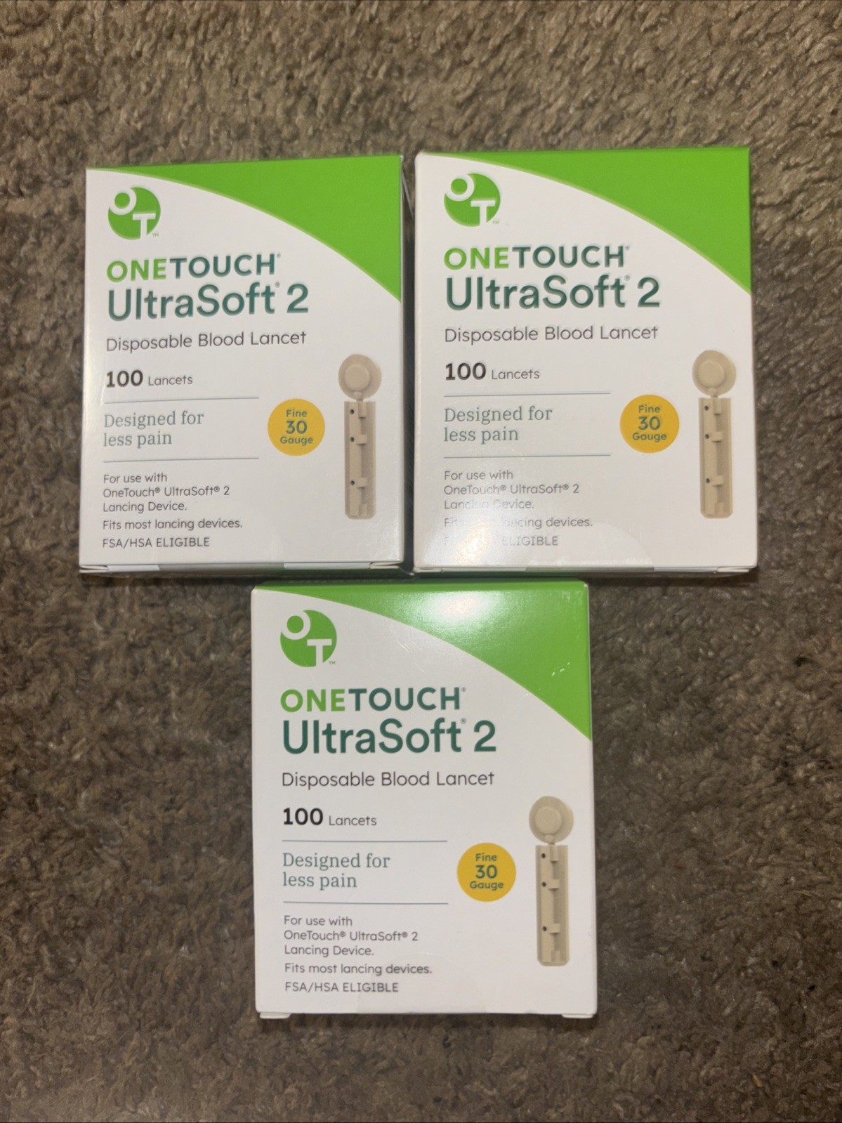 Lot Of 3 ONETOUCH UltraSoft 2 Lancets Fine 30 Gauge 1 Box (100 Total) 300 In All
