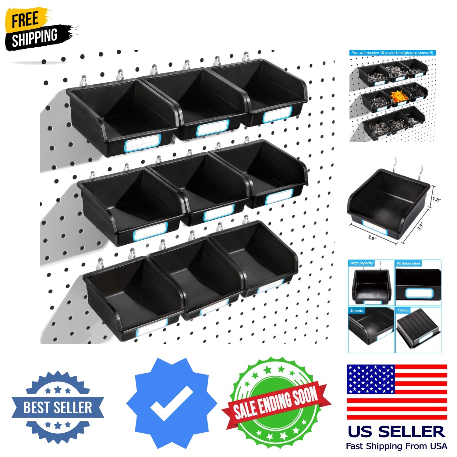 Pegboard Bins with Hooks and Labels, 10 Packs, Black | For Organizing Accesso...