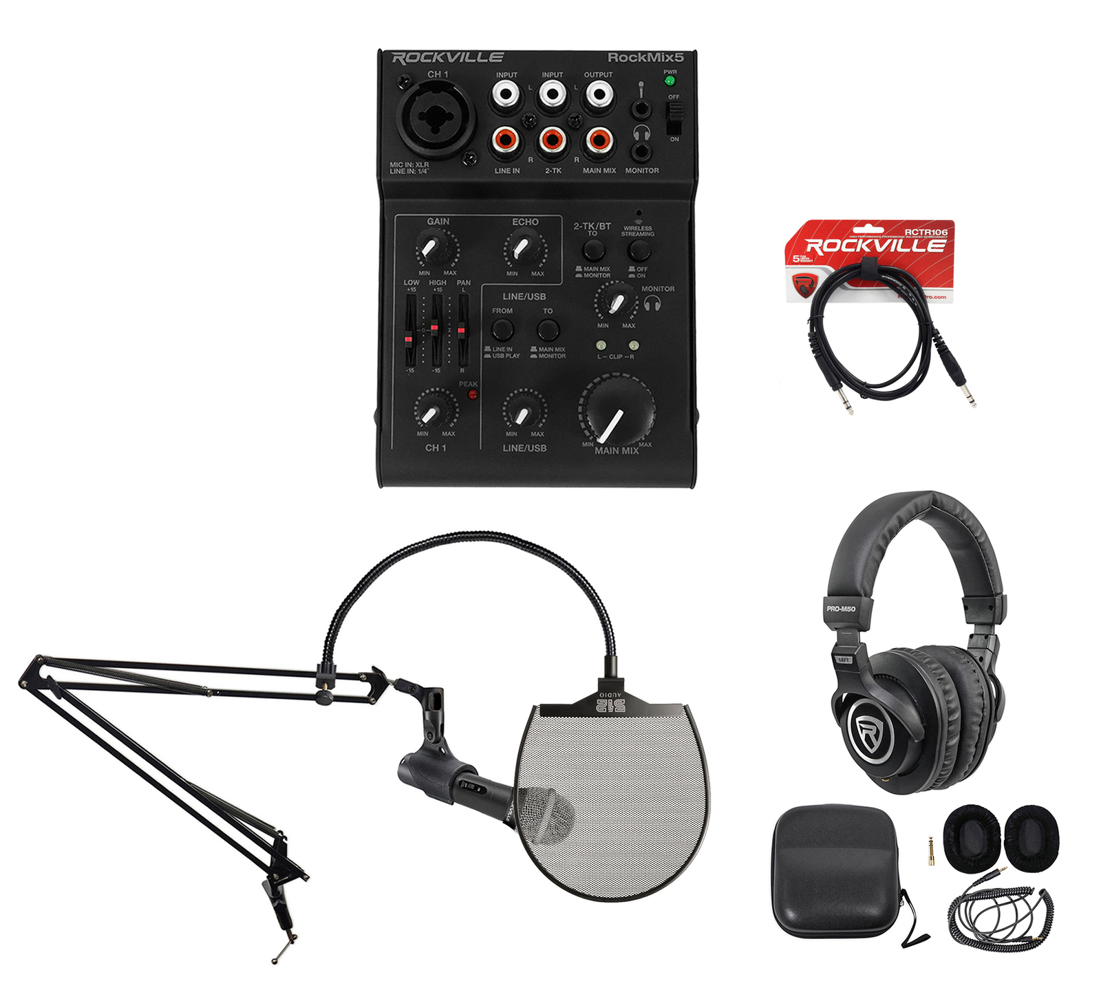 Rockville 1-Person Podcast Podcasting Recording Kit w/Mic+Boom+Headphones