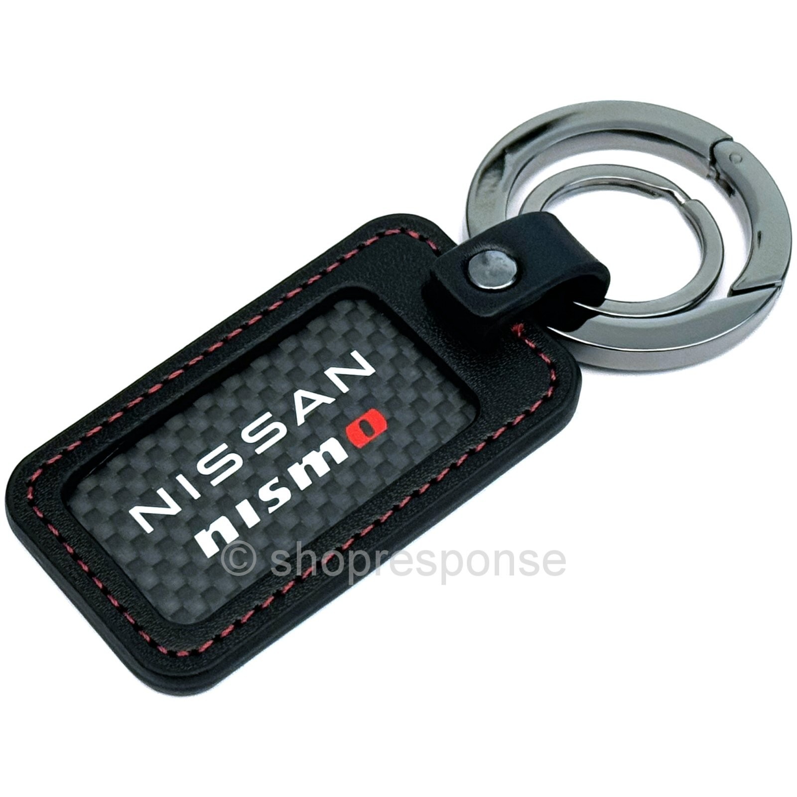 OEM / JDM Nissan Nismo Carbon Fiber & Red Stitched Leather Keychain KWA10-50U70