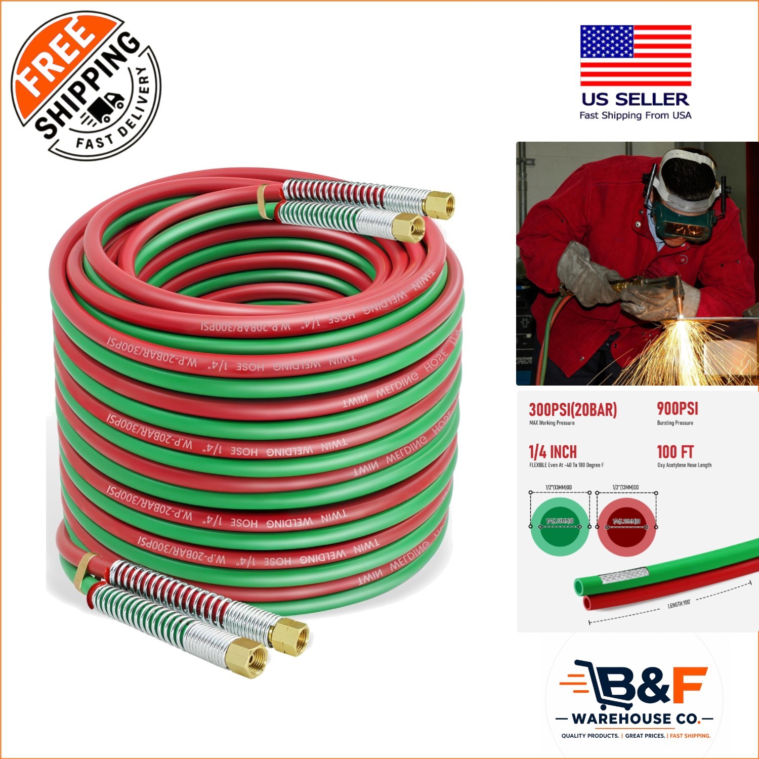 100 Feet Oxy Acetylene Welding Hose - 1/4" Grade R Twin-Line Rubber br Perfec...