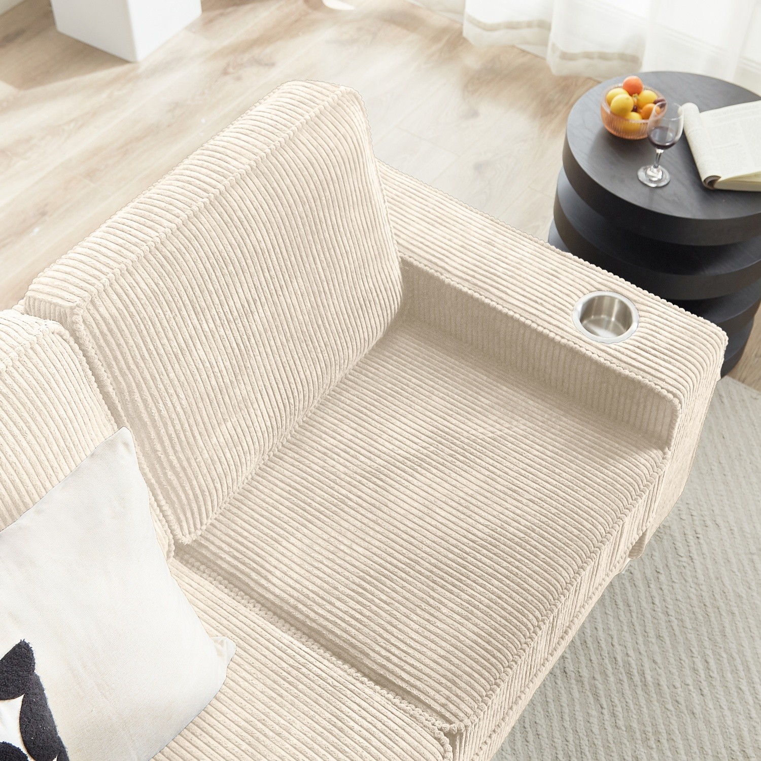 3 Seater Sofa Corduroy Upholstered Sofa Couch w/ 2 Cup Holders for Living Room