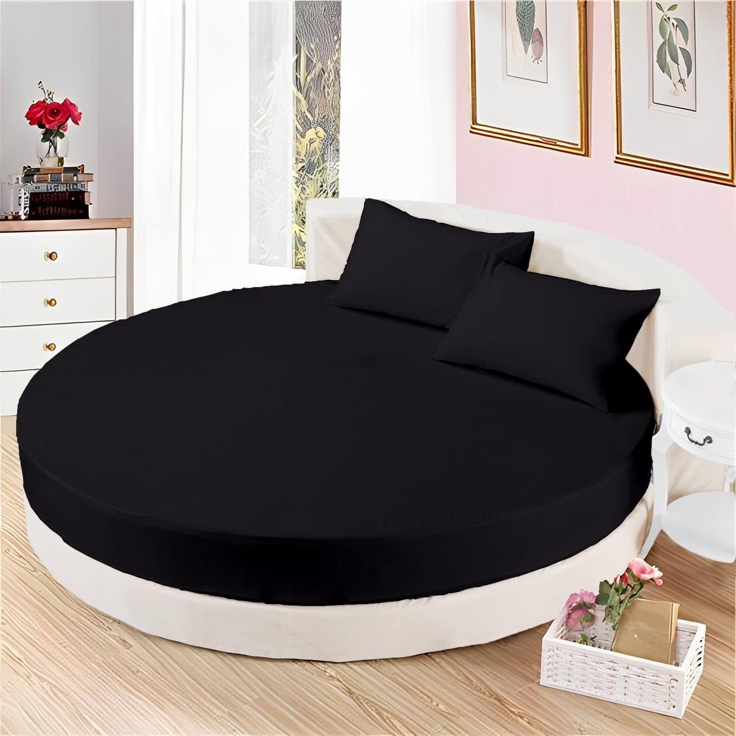 4 Piece Round Bed Solid Black Sheet Set 600 TC Cotton Deep Pocket Up to 24 Inch