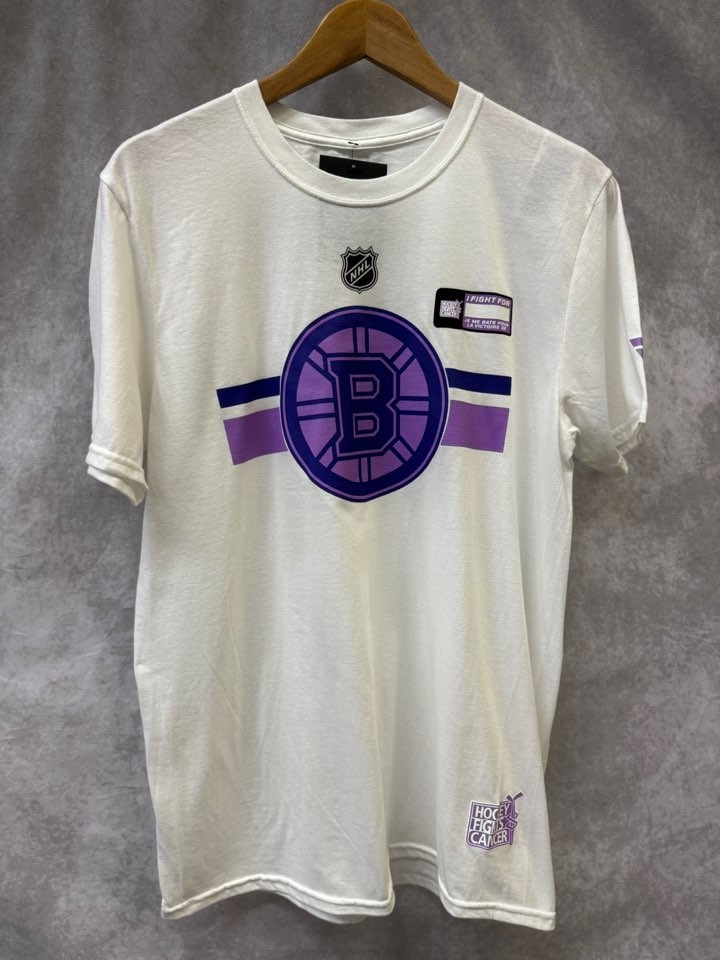Boston Bruins 2022 NHL Hockey Fights Cancer T-Shirt White Purple Limited Mens