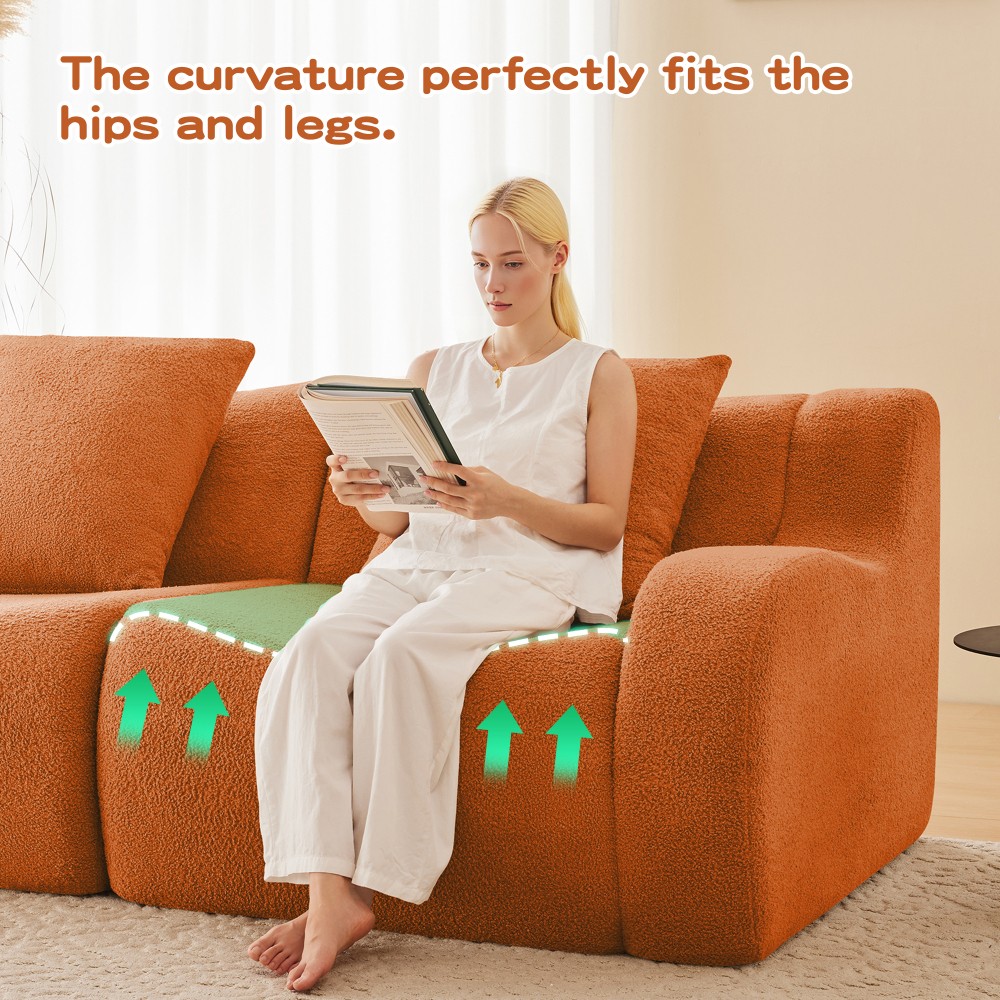 4-Seat Teddy Fabric Sofa, No Assembly Required w/ Curved Armrests, Orange