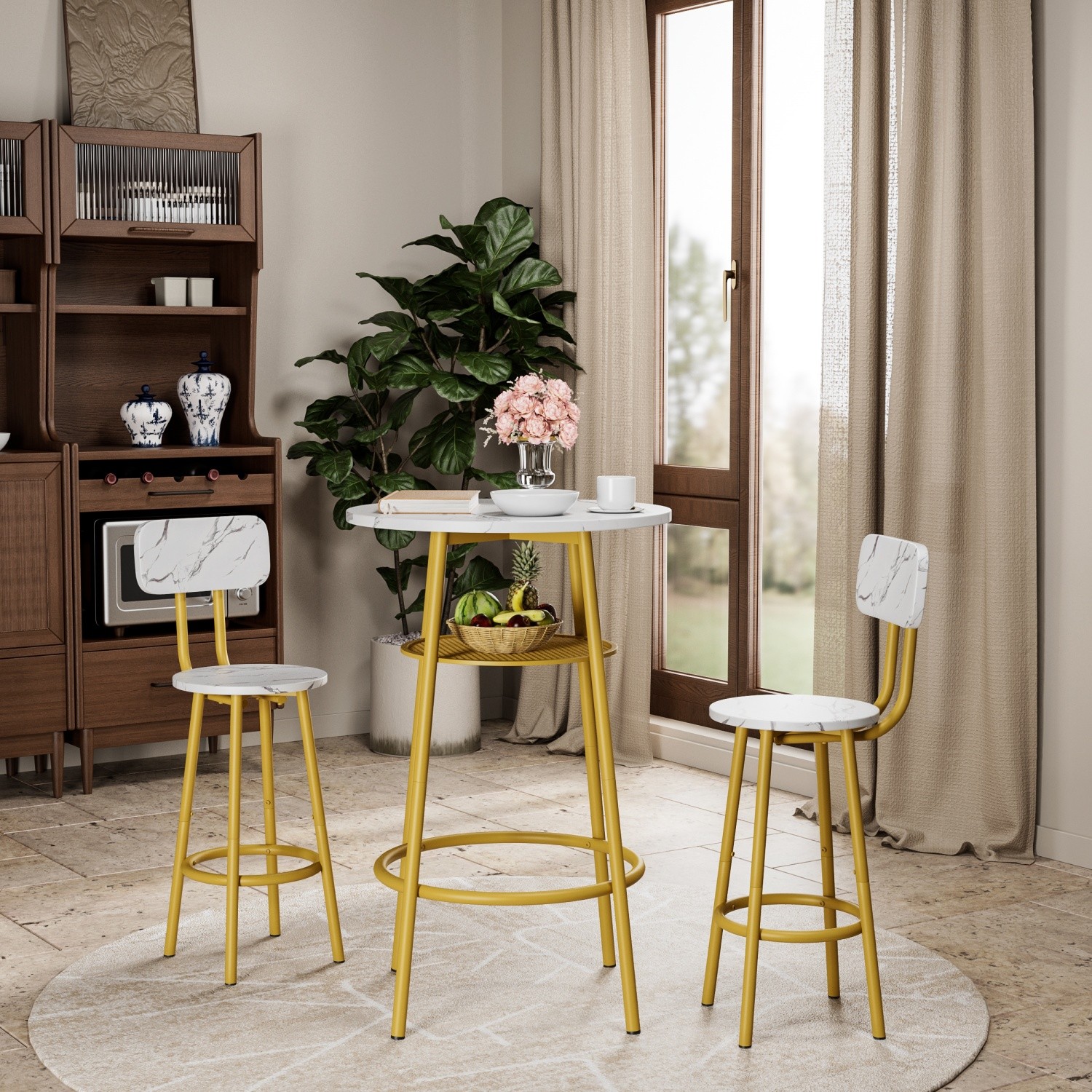 Modern 3 Piece Bar Table Set Counter Height Dining Kitchen Table w/ 2 Bar Stool