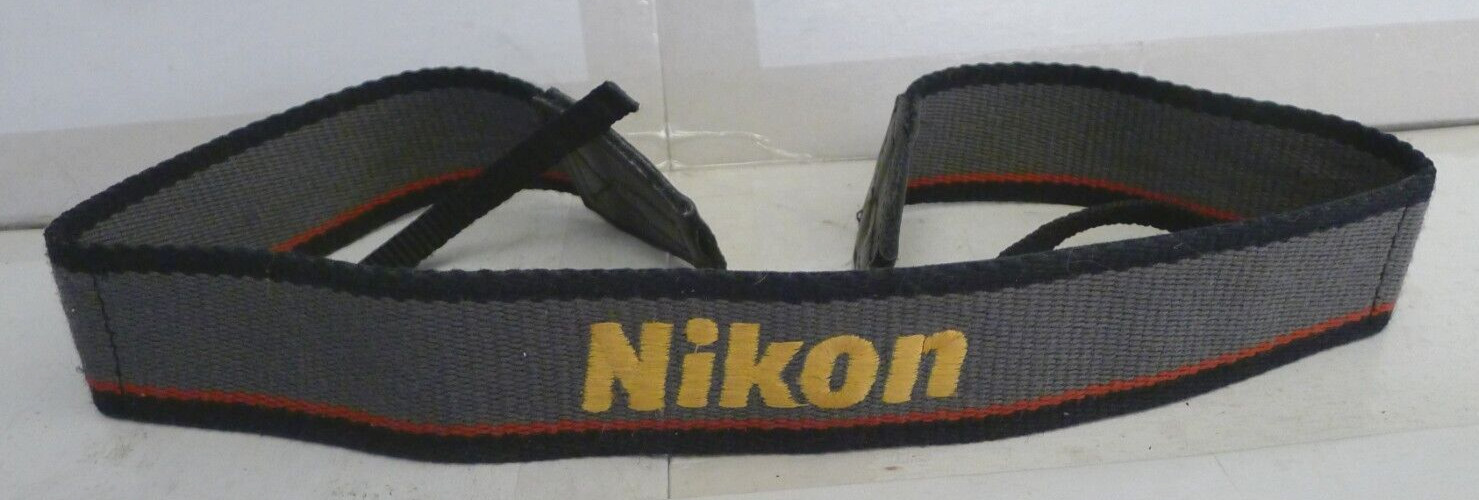 Nikon 1 1/2" Wide Camera Neck Strap - Grey w/Red Stripe Yellow Logo -Gently Used