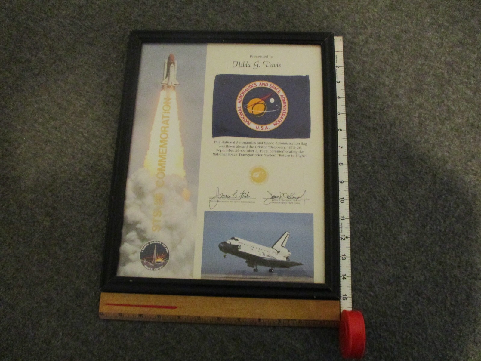 NASA SPACE SHUTTLE DISCOVERY STS-26 FLOWN FLAG CERTIFICATE "RETURN TO FLIGHT"